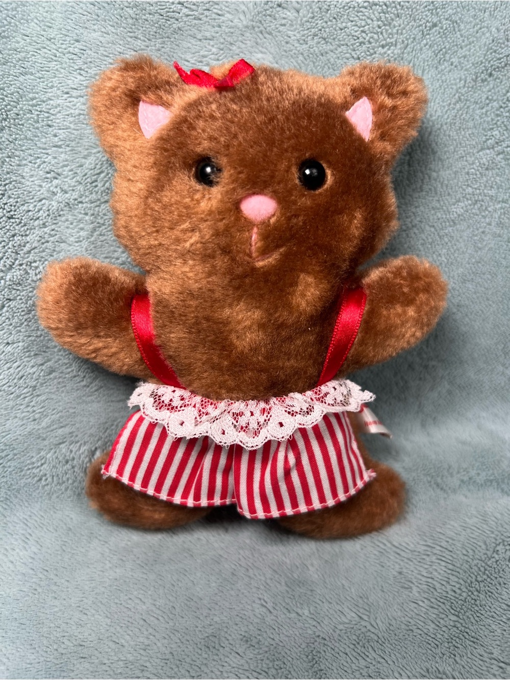 Russ Berrie Brown Cat Plush 6” Red White Striped Dress Vintage Toy